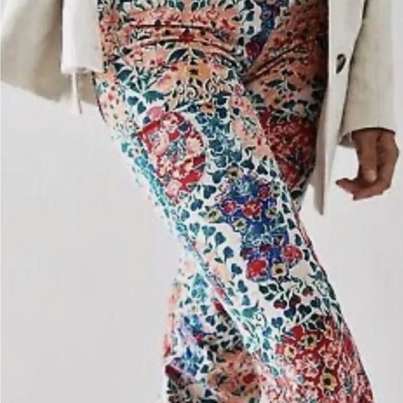 Free People Pull On Corduroy Printed Flares Stretchy Floral Red Blue Pink Nude - Picture 3 of 7